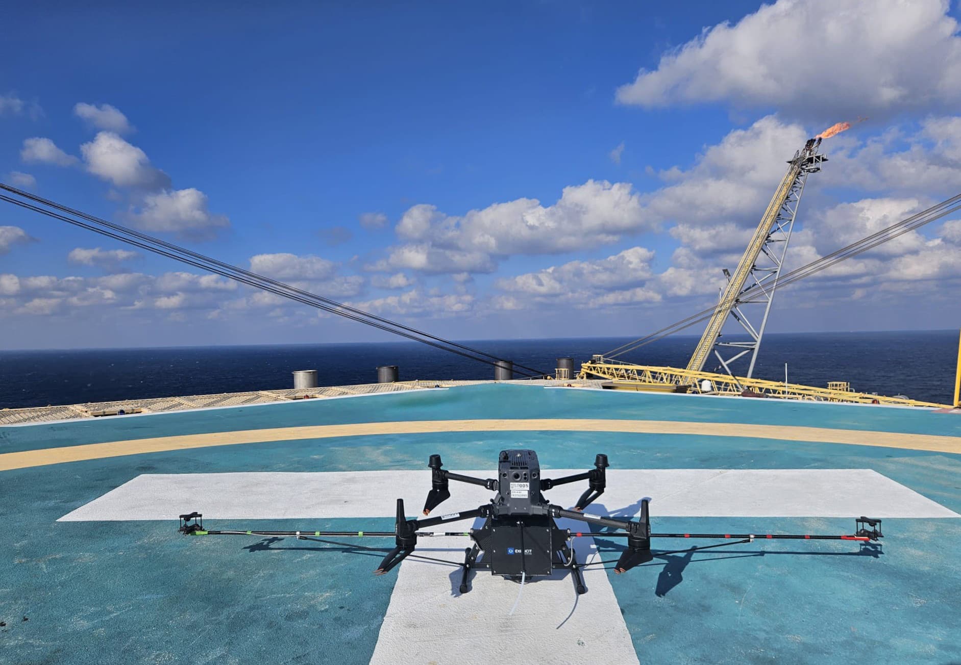 Explicit drone on an offshore platform ready for a greenhouse gas emissions monitoring survey