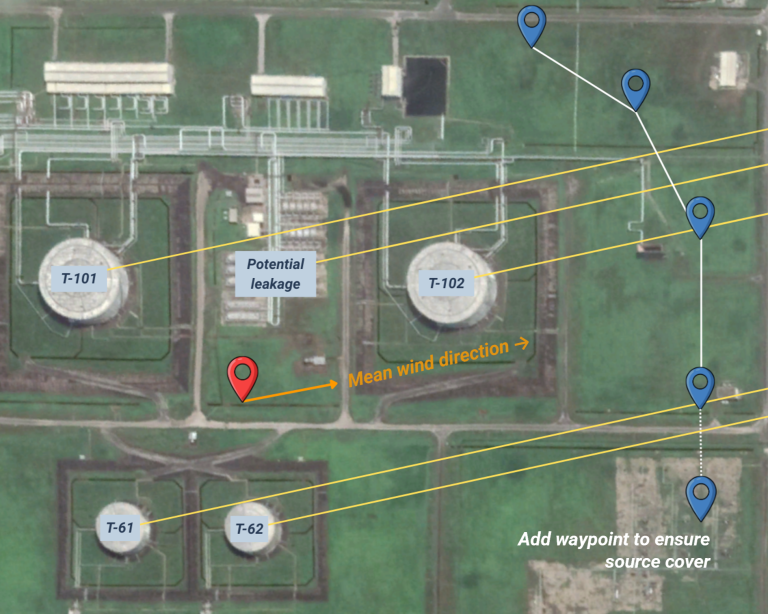 Map of emission sources plotted for drone flight planning during DFM™ Method